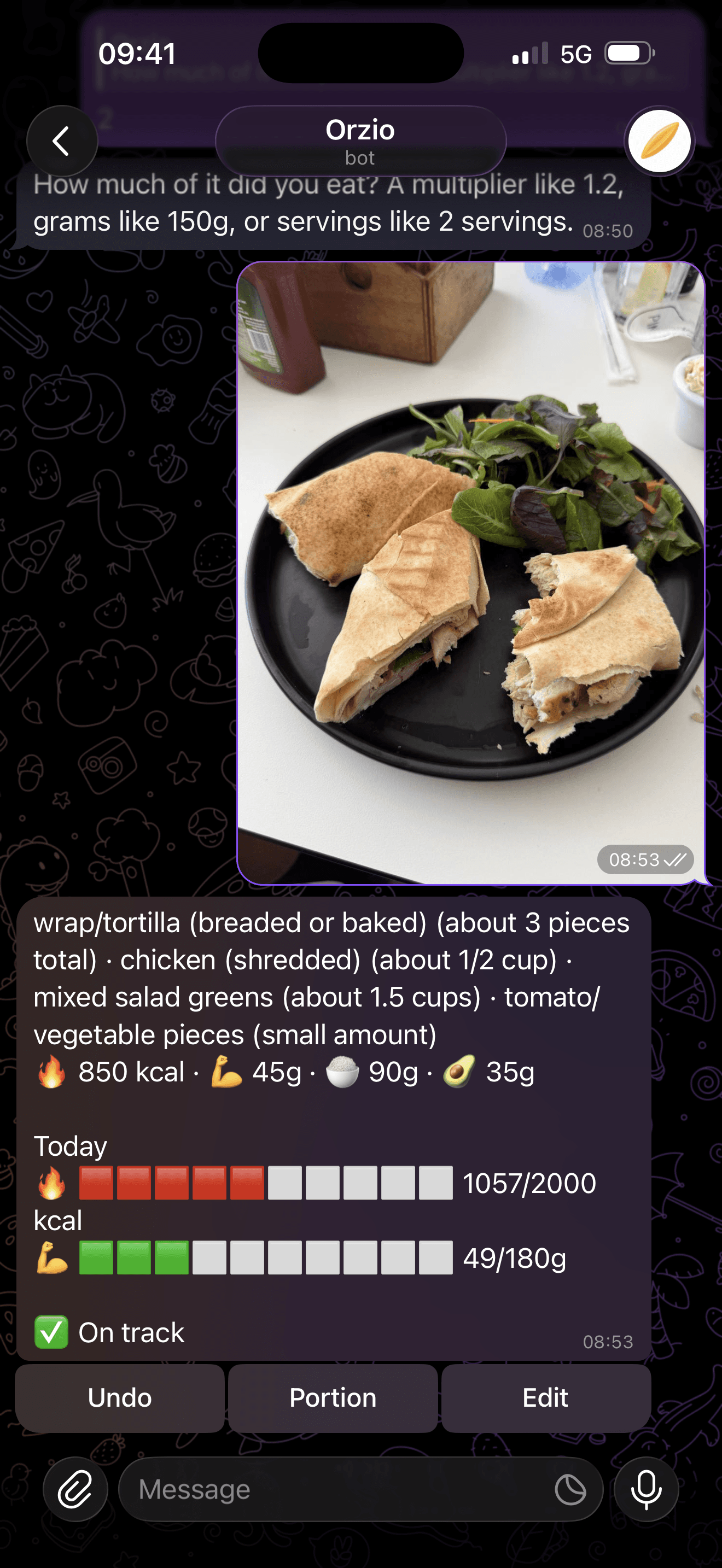Orzio's Telegram reply: a chicken wrap read as 850 kcal, 45g protein, on track for the day