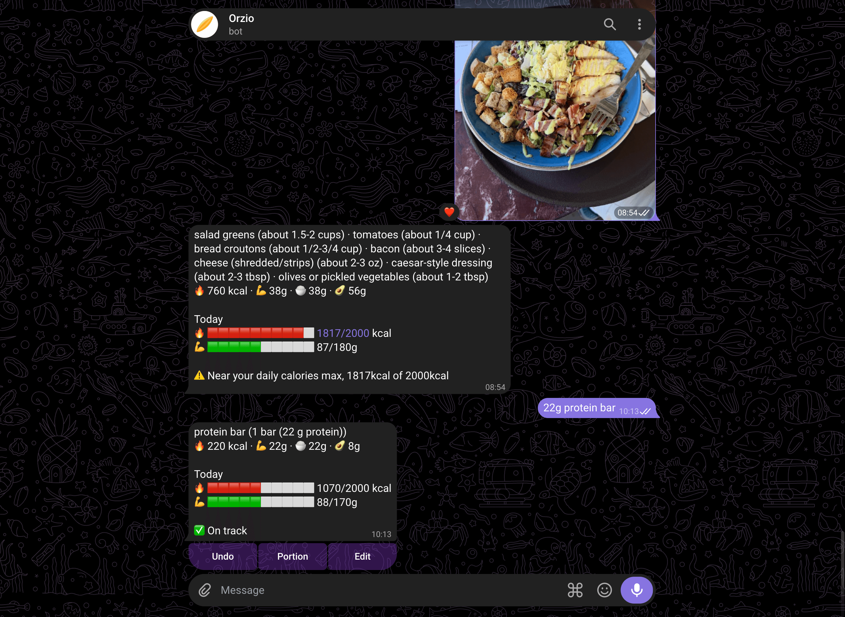 Telegram for iPad showing an Orzio meal log with a running daily macro total