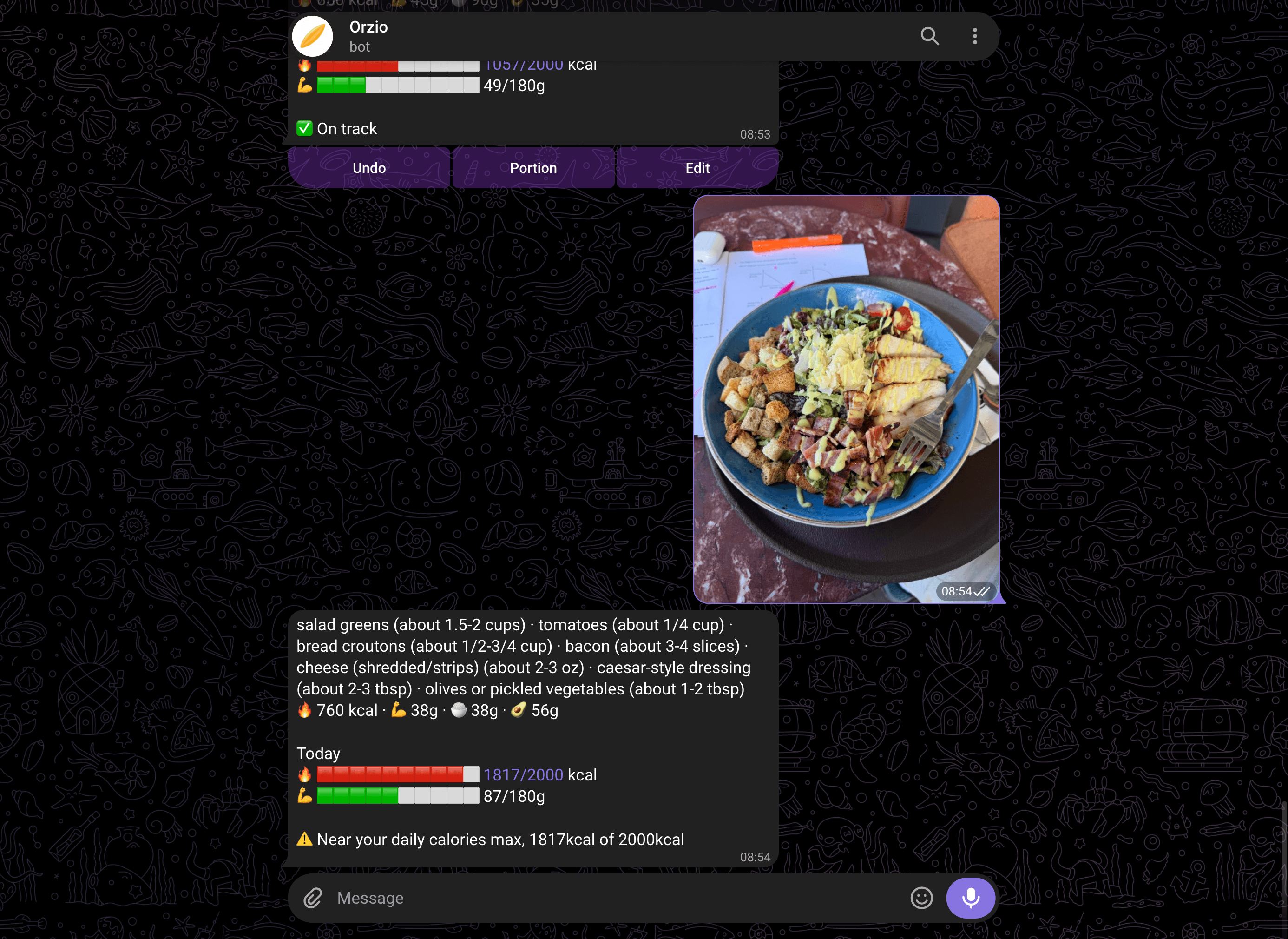 Telegram for Mac showing Orzio reading a chicken caesar salad and warning it's near the daily calorie max