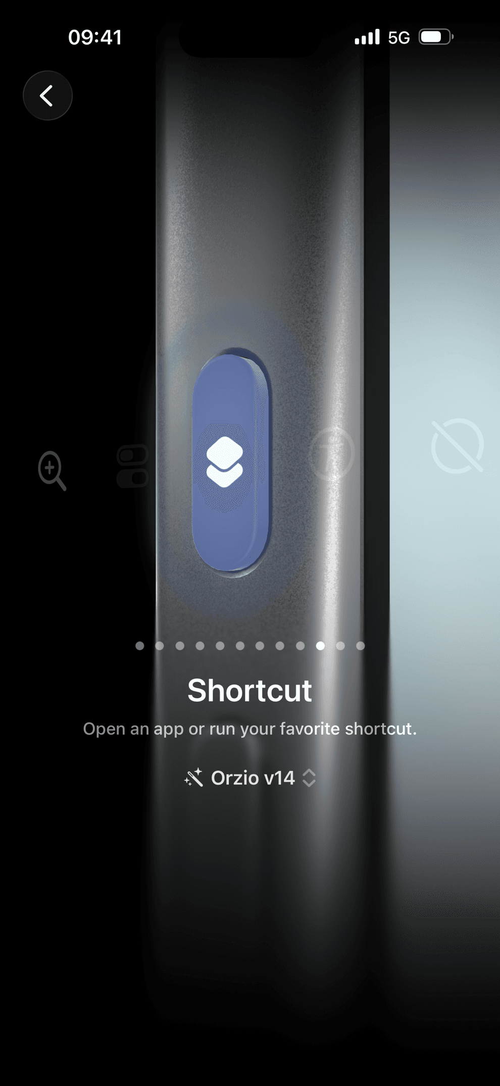 The Action Button screen set to Shortcut with Orzio selected