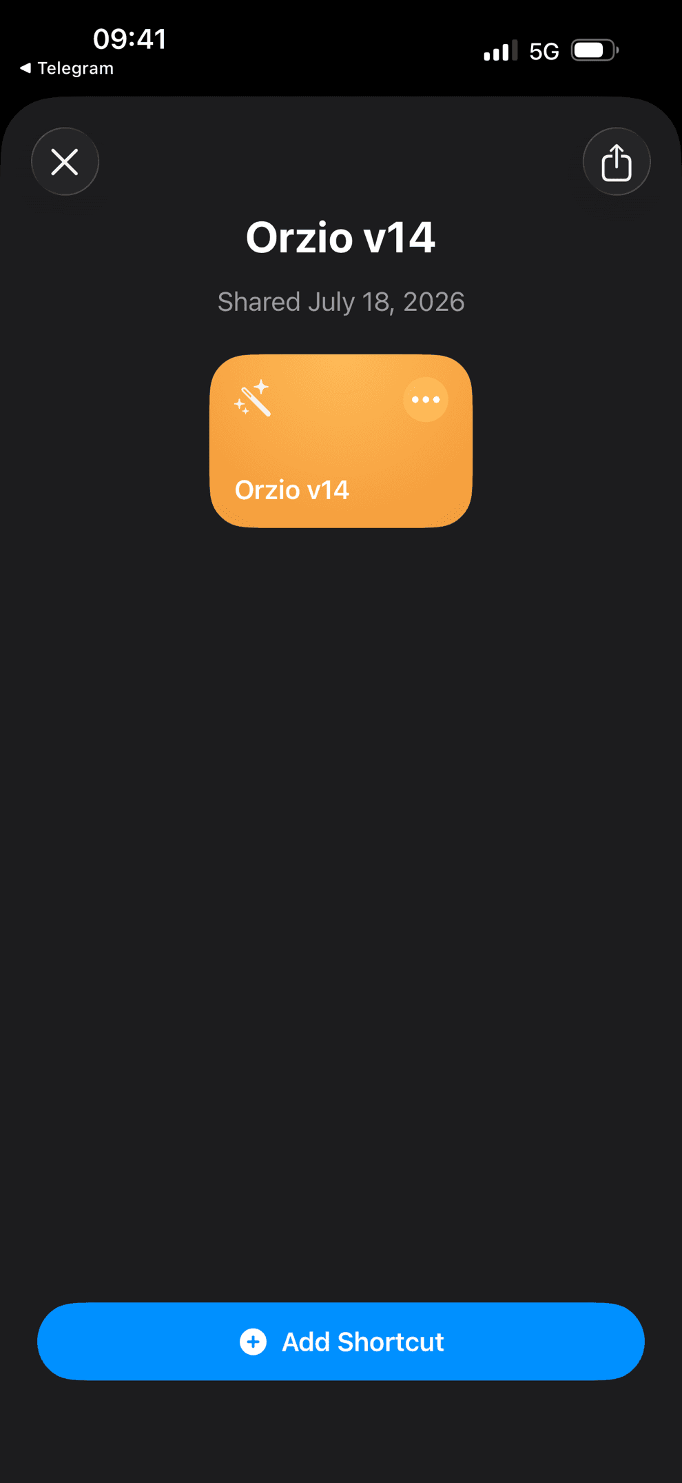 The iOS install sheet showing the Orzio shortcut - tap Add Shortcut