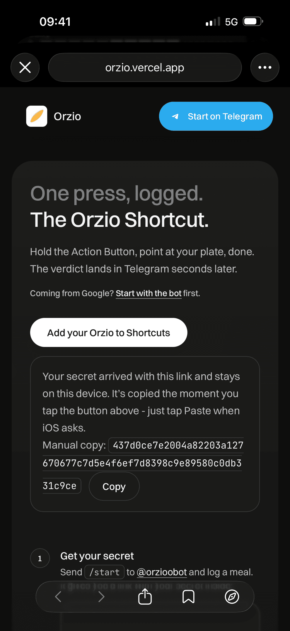 This install page opened from the link, secret on the clipboard, with the Add your Orzio to Shortcuts button