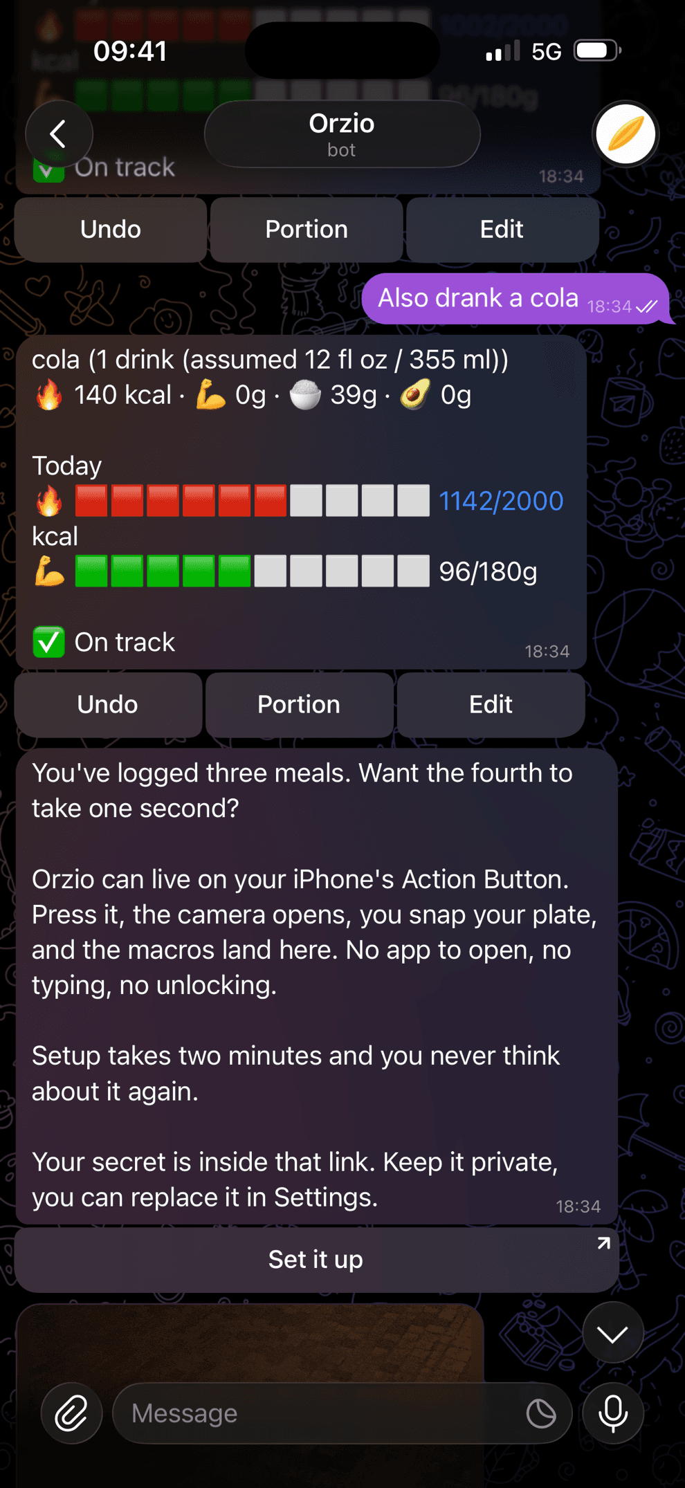 Orzio in Telegram after the third logged meal, offering the shortcut with a Set it up button