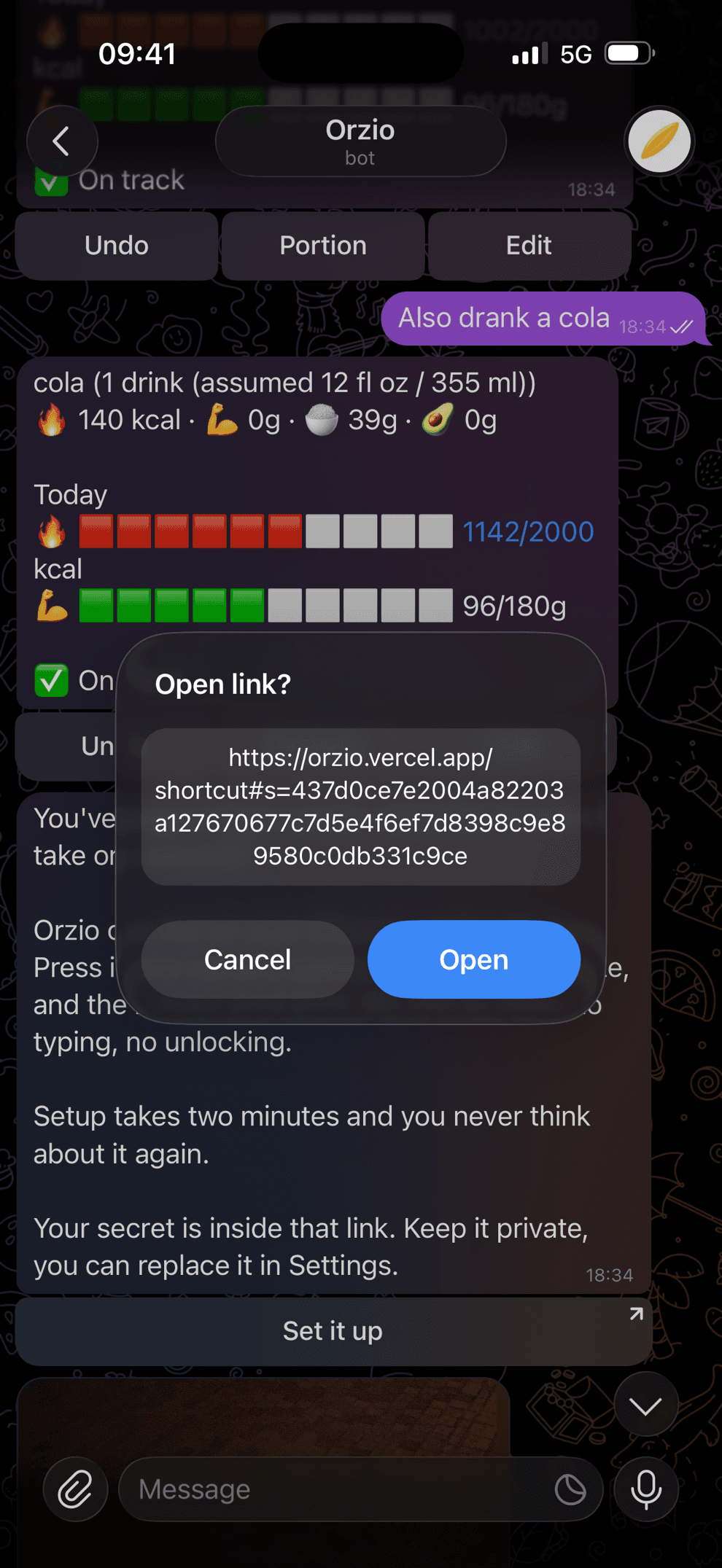 Telegram's Open link dialog for the orzio.thatlev.com shortcut link - tap Open