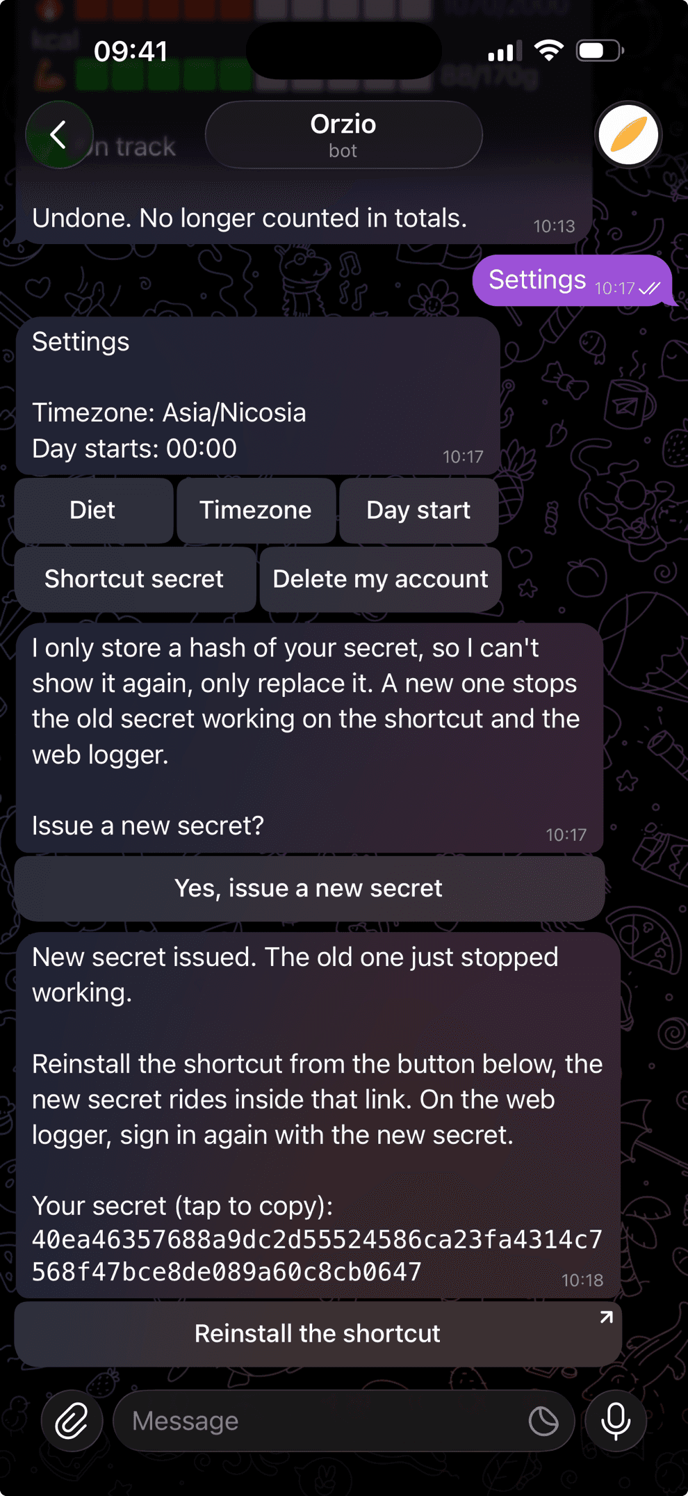 Orzio's Settings menu with the Shortcut secret button, issuing a new secret and a Reinstall the shortcut link