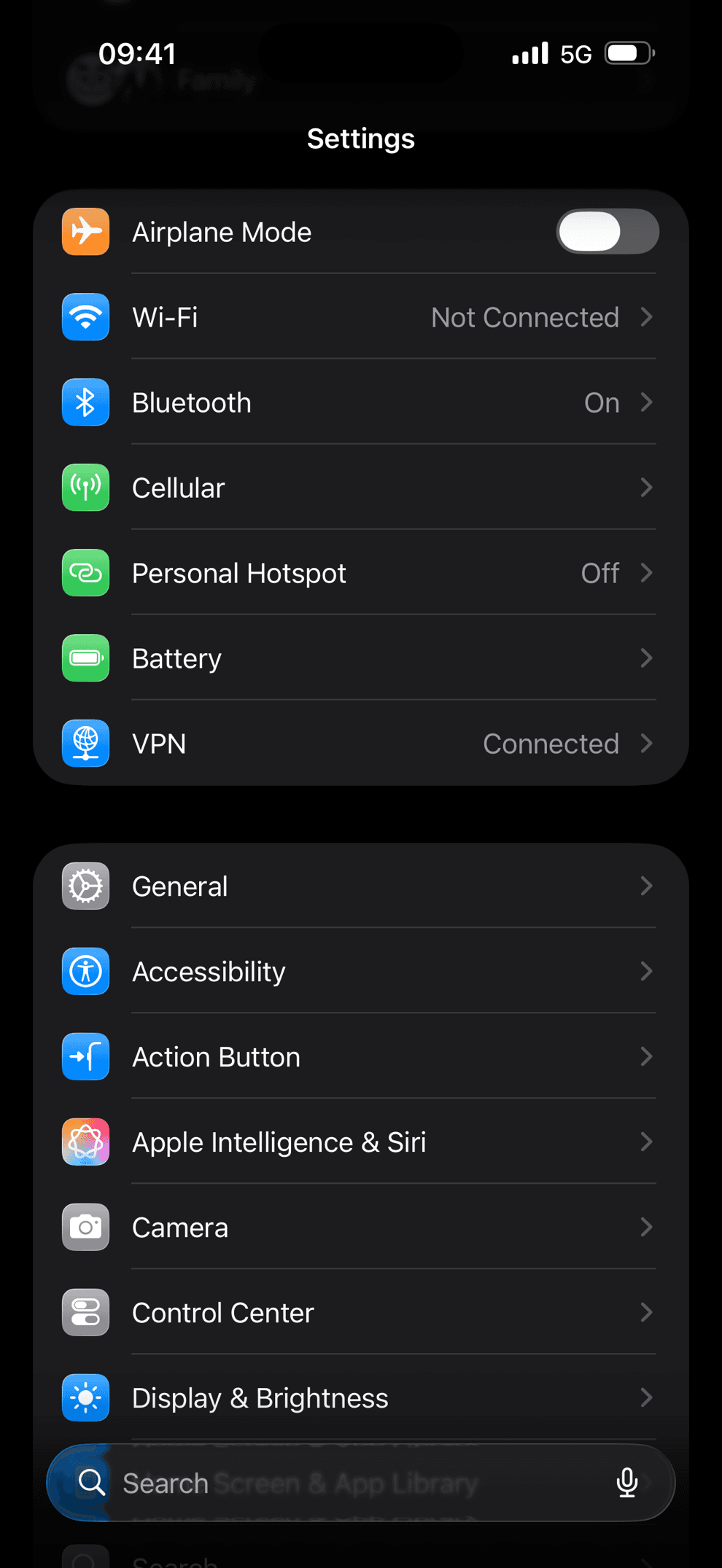 iPhone Settings with the Action Button entry